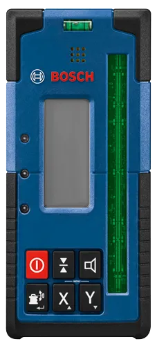 Niveau laser Bosch avec bouton marche/arrêt, écran, boutons avec pictogrammes et voyant vert.