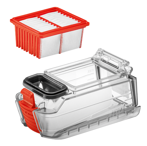 Filtre HEPA avec conteneur translucide. Le conteneur présente un marquage "MAX" et le texte "Filtre HEPA". On observe également un élément orange.