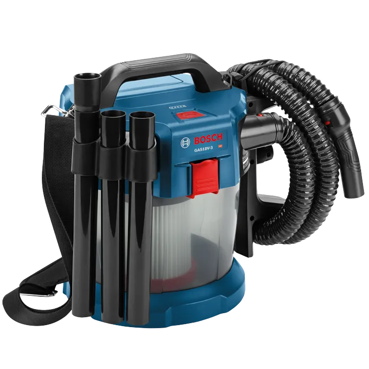 Aspirateur Bosch GAS18V-3 HD avec tuyau, accessoires et bandoulière.