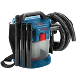Aspirateur Bosch GAS18V-3 HD avec tuyau, accessoires et bandoulière.