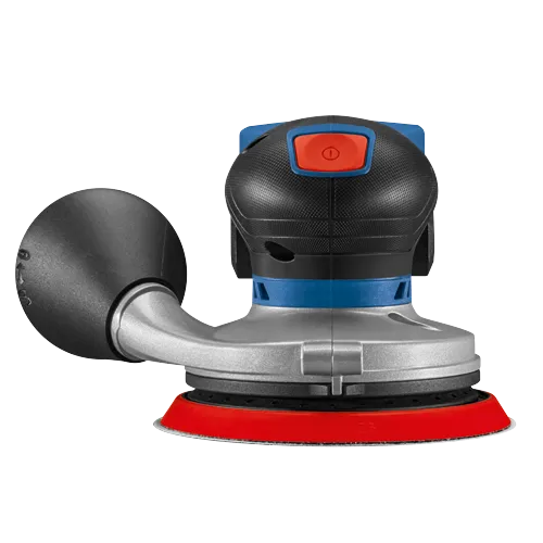 Ponceuse Bosch avec éléments noirs et rouges et base bleue.