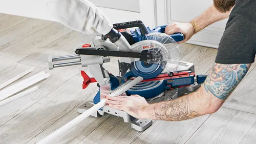 bosch cordless miter saw 18V profactor cutting a toekick