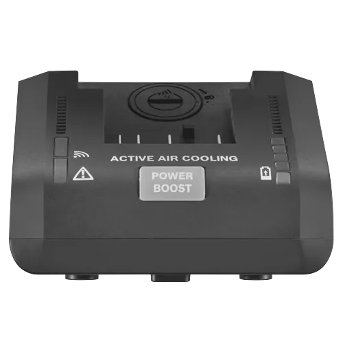Un dispositif noir avec les mentions "ACTIVE AIR COOLING" et "POWER BOOST" ainsi que des symboles de danger.