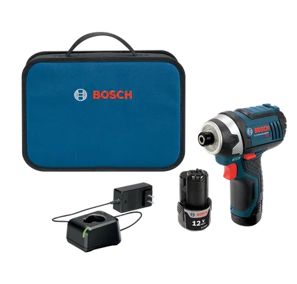 Bosch Perceuse à percussion 12V Li-Ion, chargeur et batterie dans coffret de transport.