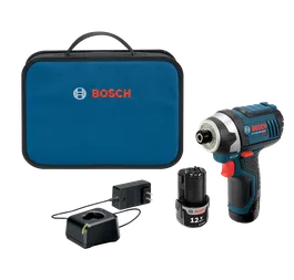 Bosch Perceuse à percussion 12V Li-Ion, chargeur et batterie dans coffret de transport.