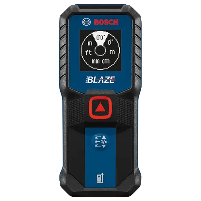 Bosch BLAZE télémètre avec écran affichant "0'0", in, ft, m, mm, cm, et avec boutons visibles.