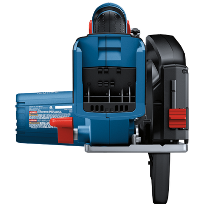 Scie sans fil Bosch GKM18V-20 avec marquage "BOSCH", étiquette "COOLING FINS" et texte : "GKM18V-20 3601 FB8 010 18V=n 4250/min Ø5 3/8" (136mm)", et avertissements.