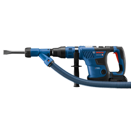 Bosch GBH18V-36C HD marteau perforateur, avec des accents bleus et noirs, et un système d'aspiration de poussière.