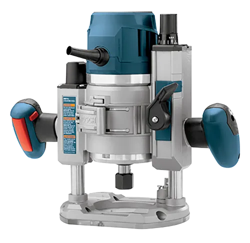 Fraiseuse électrique Bosch avec accents bleus et rouges et le logo "BOSCH" sur le côté.