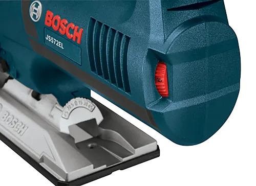 Scie sauteuse Bosch JS572EL avec interrupteur rouge et angles de réglage 0, 15, 30, 45, 72,5.
