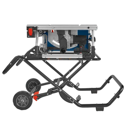 Scie à table Bosch avec roues et support.