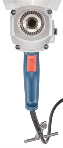 Perceuse électrique bleue et argentée avec une gâchette orange.