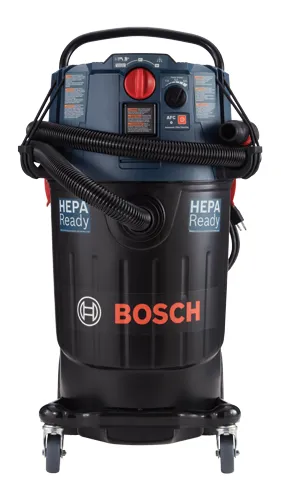 Aspirateur Bosch avec pré-équipement HEPA, nettoyage automatique du filtre et activation d'outil électroportatif.