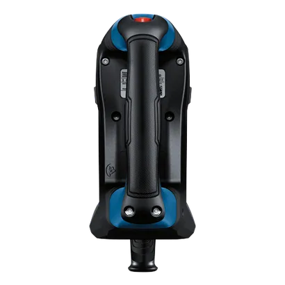 Dispositif noir et bleu avec une poignée et un bouton rouge sur le dessus.