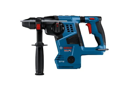 Bosch BULLDOG GBH18V-28C, Boschhammer. Moteur sans balais. Détails rouges et noirs sur outil bleu.