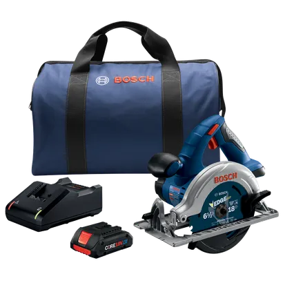 Scie circulaire Bosch CCS180 6 1/2", lame Bosch EDGE, batterie CORE 18V, chargeur et sac.