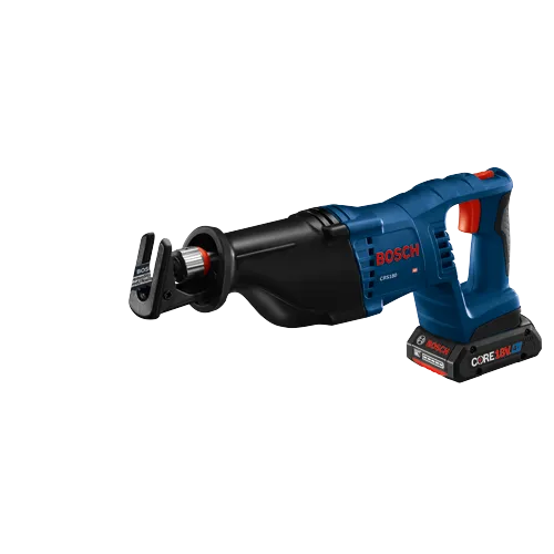 Scie alternative Bosch CRS180, avec batterie 'CORE18V 4 Ah' et lame 'EDGE EXTREME CUTS'.