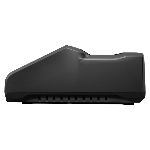 Objet rectangulaire noir avec une arête sur le dessus et des fentes verticales en bas.