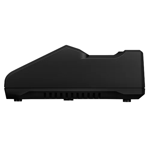 Objet noir rectangulaire avec une partie supérieure inclinée, une découpe sur le côté droit et des fentes d'aération en bas.