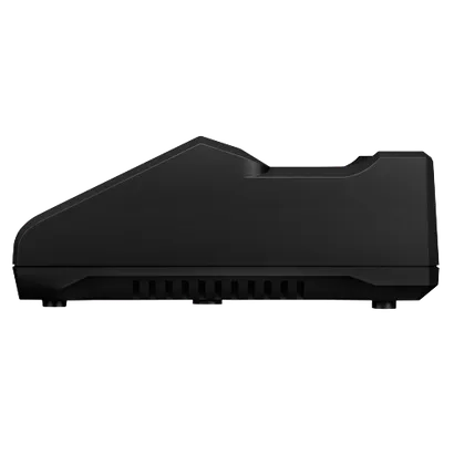 Objet noir rectangulaire avec une partie supérieure inclinée, une découpe sur le côté droit et des fentes d'aération en bas.