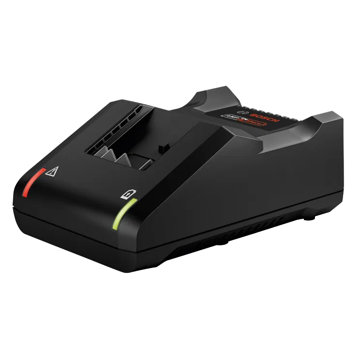 Chargeur de batterie Bosch, avec voyants lumineux rouge et vert, et logo "BOSCH".