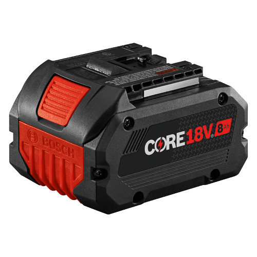 Batterie Bosch CORE18V 8 Ah, avec des accents rouges et noirs. Le logo Bosch est visible.