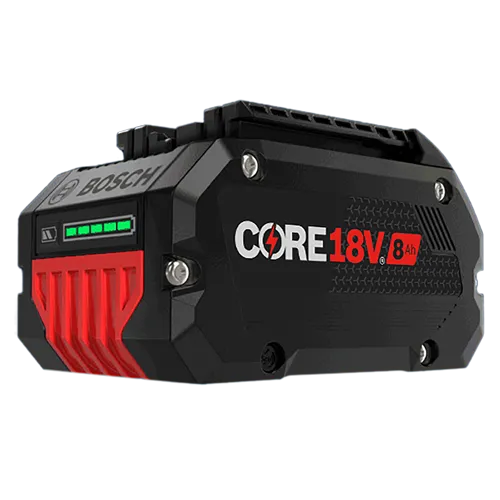 Batterie Bosch avec texte "CORE 18V 8 Ah" et indicateur de charge.