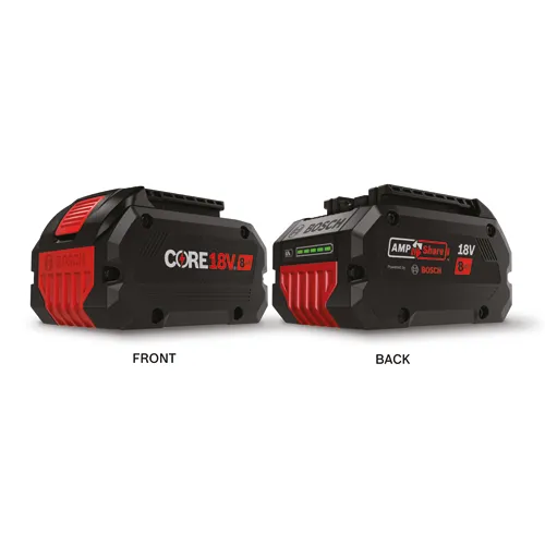 Batterie Bosch CORE 18V 8Ah, avec étiquettes "FRONT" et "BACK".