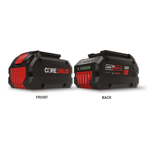 Batterie Bosch CORE 18V 8Ah, avec étiquettes "FRONT" et "BACK".