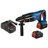 Bosch BULLDOG GBH18V-26D, deux batteries CORE 18V 8.0Ah et chargeur. Texte "Boschhammer" et "AMP Share" visible.