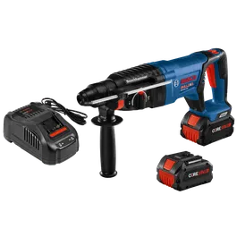 Bosch BULLDOG GBH18V-26D, deux batteries CORE 18V 8.0Ah et chargeur. Texte "Boschhammer" et "AMP Share" visible.