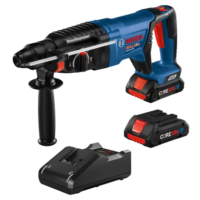 Bosch BULLDOG GBH18V-26D perceuse à percussion, batterie et chargeur ; "Boschhammer" visible.