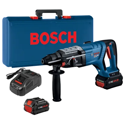 Bosch BULLDOG GBH18V-28DC marteau perforateur, chargeur de batterie et deux batteries CORE18V 8Ah dans un coffret bleu.