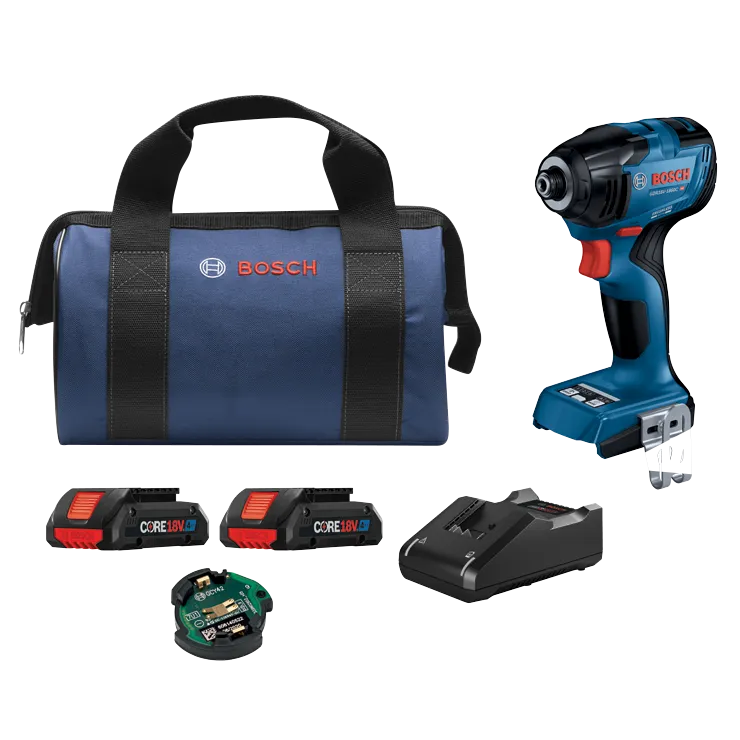 Bosch GDR18V-1860C HD visseuse à chocs sans balais, batteries CORE18V 4Ah, chargeur et sac de transport bleu avec "BOSCH" imprimé.