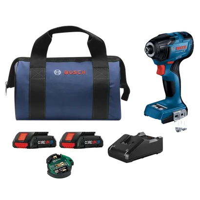 Bosch GDR18V-1860C HD visseuse à chocs sans balais, batteries CORE18V 4Ah, chargeur et sac de transport bleu avec "BOSCH" imprimé.