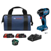 Bosch GDR18V-1860C HD visseuse à chocs sans balais, batteries CORE18V 4Ah, chargeur et sac de transport bleu avec "BOSCH" imprimé.