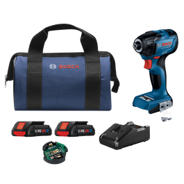 Bosch GDR18V-1860C HD visseuse à chocs sans balais, batteries CORE18V 4Ah, chargeur et sac de transport bleu avec "BOSCH" imprimé.