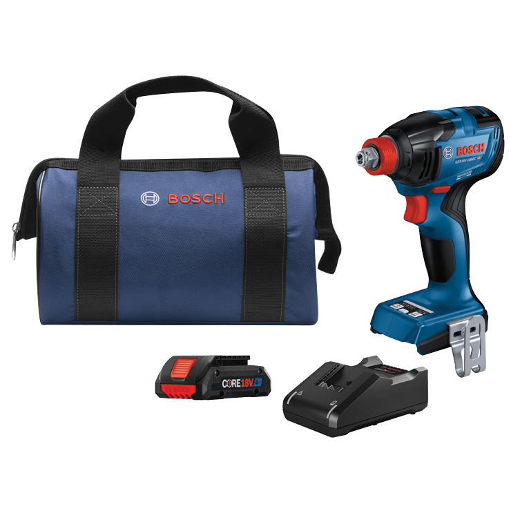 Bosch GDX18V-1860C HD, visseuse à chocs sans balais, batterie CORE18V 4Ah, chargeur et sac bleu.