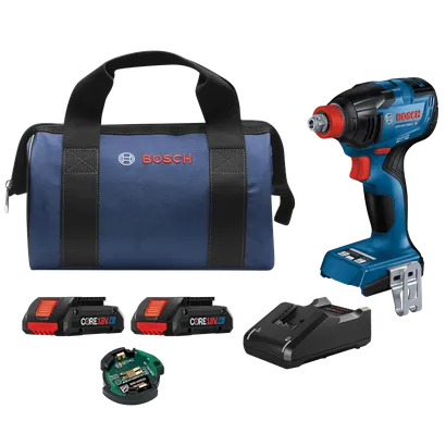 Bosch GDX18V-1860C HD, visseuse à chocs sans balais, batteries CORE18V 4Ah, chargeur et sac bleu avec logo "BOSCH".
