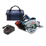 Scie circulaire sans fil Bosch, chargeur et sac. La scie porte les inscriptions "EDGE" et "24 Teeth", et le chargeur est marqué "AMP Share FAST". Le sac présente le logo "Bosch".