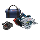 Scie circulaire sans fil Bosch, chargeur et sac. La scie porte les inscriptions "EDGE" et "24 Teeth", et le chargeur est marqué "AMP Share FAST". Le sac présente le logo "Bosch".
