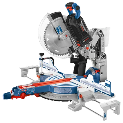 Scie à onglet sans fil BITURBO Brushless Bosch avec batterie CORE18V 8Ah ; plage d'inclinaison gauche/droite de 0 à 45°, angle d'inclinaison max. à 47°, avec avertissements.