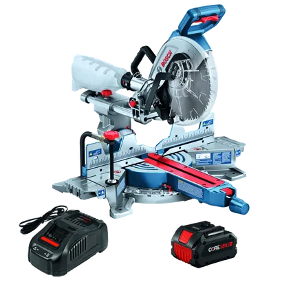 Scie à onglet Bosch, avec chargeur et batterie CORE 18V. Texte visible : « BOSCH », « CORE 18V 8Ah ».