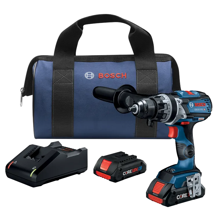 Bosch GSB18V-975C HD perceuse avec un sac bleu, un chargeur et une batterie CORE18V 4Ah.