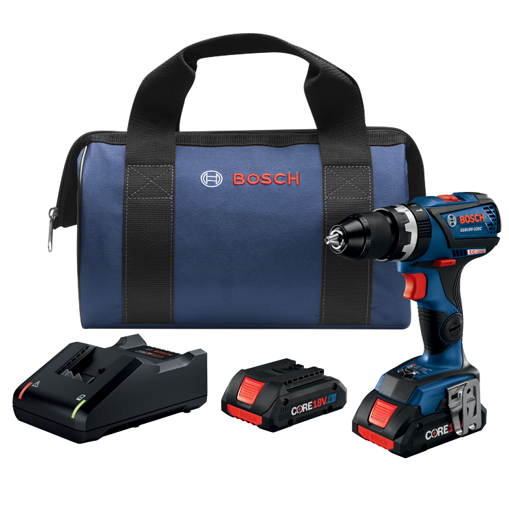 Perfeito. Aqui está a tradução:

Perceuse Bosch GSB18V-535C, batterie CORE18V 4Ah, chargeur et sac bleu avec le logo Bosch.
