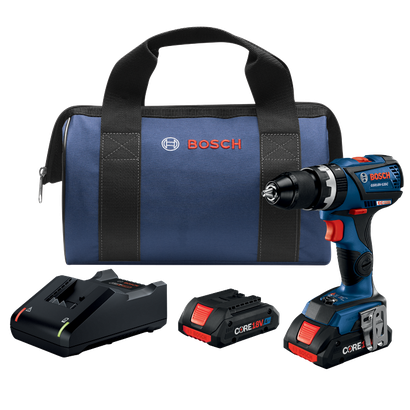 Perfeito. Aqui está a tradução:

Perceuse Bosch GSB18V-535C, batterie CORE18V 4Ah, chargeur et sac bleu avec le logo Bosch.