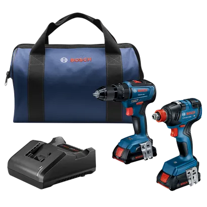 Voici la traduction :

Coffret d'outils Bosch comprenant un sac, deux perceuses-visseuses sans fil (GSB18V-490, GDX18V-1800) et un chargeur.