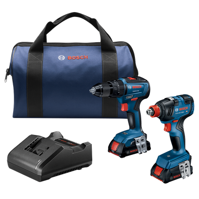 Voici la traduction :

Coffret d'outils Bosch comprenant un sac, deux perceuses-visseuses sans fil (GSB18V-490, GDX18V-1800) et un chargeur.