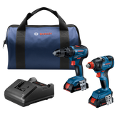 Voici la traduction :

Coffret d'outils Bosch comprenant un sac, deux perceuses-visseuses sans fil (GSB18V-490, GDX18V-1800) et un chargeur.