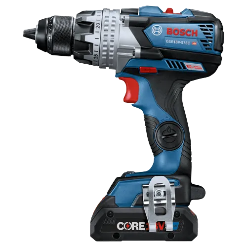 Bosch GSR18V-975C HD perceuse avec moteur EC sans balais. Texte visible : "CORE 18V Ah".